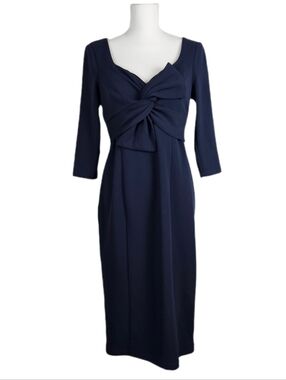 Maggy London Dress Scuba Dark Blue Knee Length Stretch 3/4 Sleeves Sweetheart 8